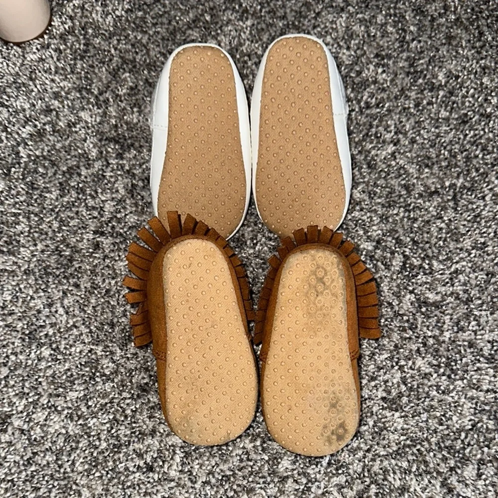 Brown Fringe Baby Moccasins & White Floral Baby Shoes